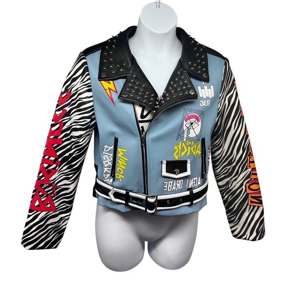 Azalea Wang Band of Misfits Designer Faux Leather Graphic Moto Zip Up Jacket New - Picture 1 of 9